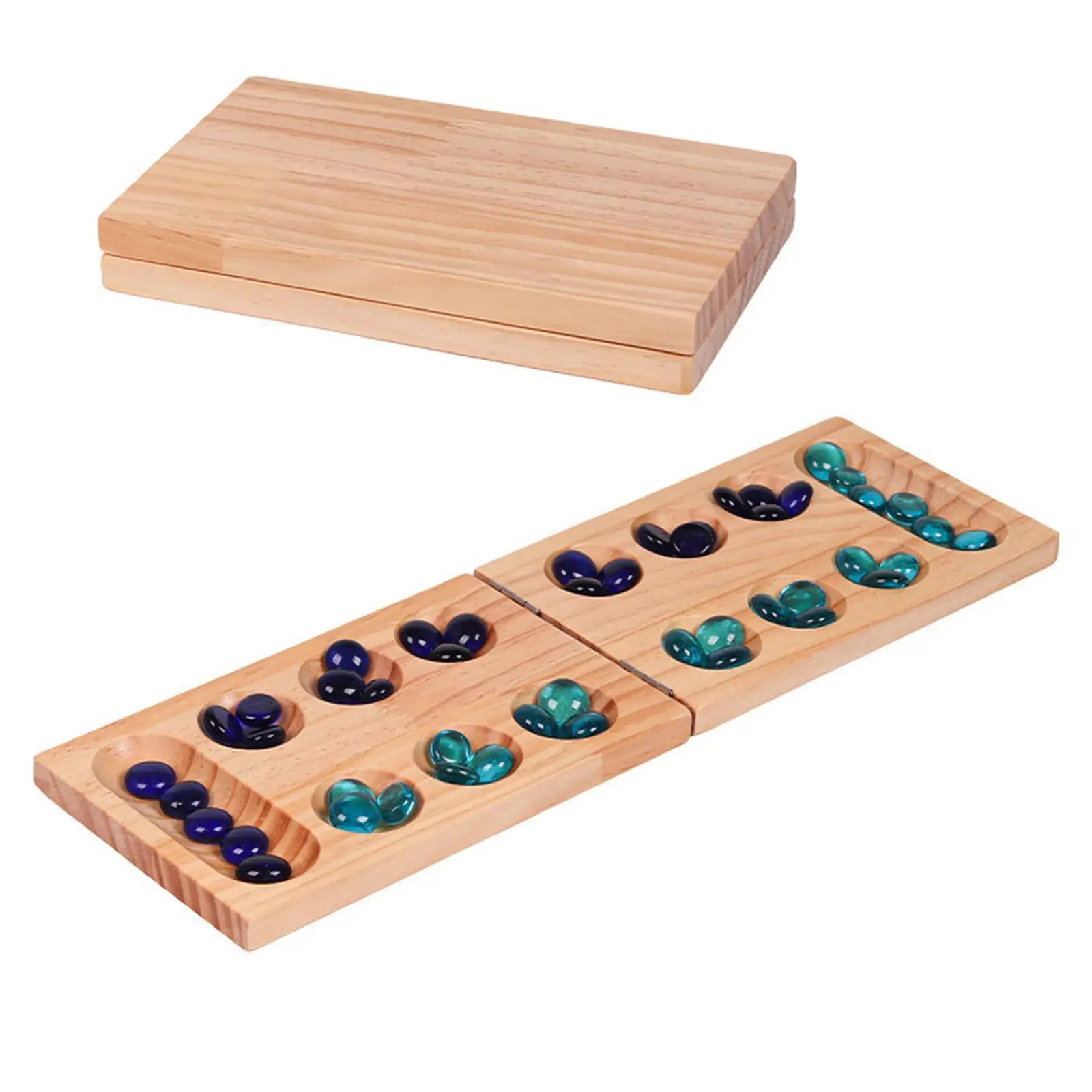 Wood Mancala Board Game Classic Teen 48 Stones for Family Entertainment Kids
