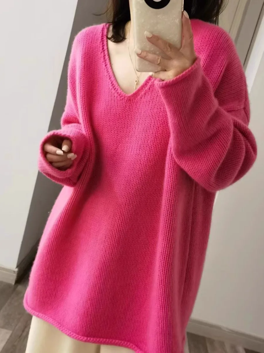 Cashmere sweater Women's V-neck drop shoulder loose Pure Wool cashmere sweater women sweater