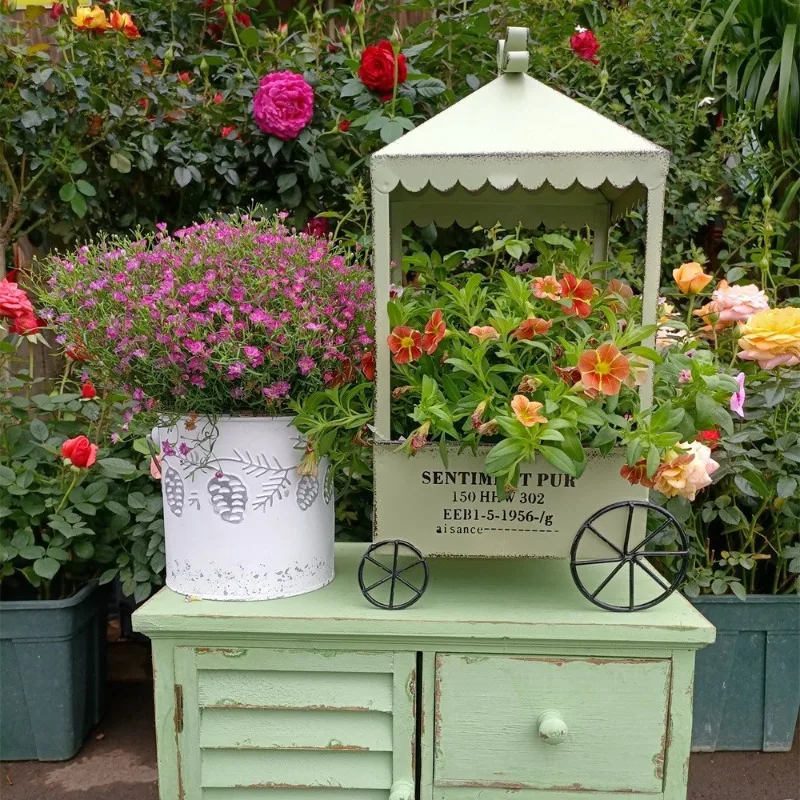Iron Cart Flower Stand Balcony Decorative Flower Pot Creative Garden Planter Container Outdoor Plant Display Rack