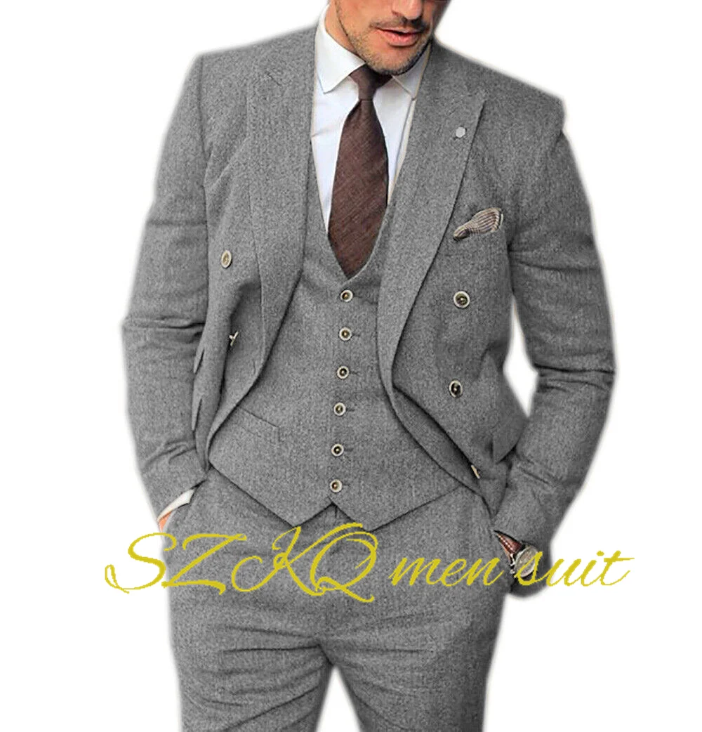 Black Herringbone Pattern Men's Suit 3 Piece Double Breasted Jacket Pants Vest Business Work Wear Formal Blazer Mens