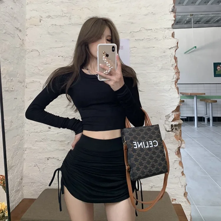 Women Elastic Mini Skirt Summer Solid Color Drawstring Ruched Knitting Thread Side Harajuku Slim Pure Sexy Lady Bodycon Skirt