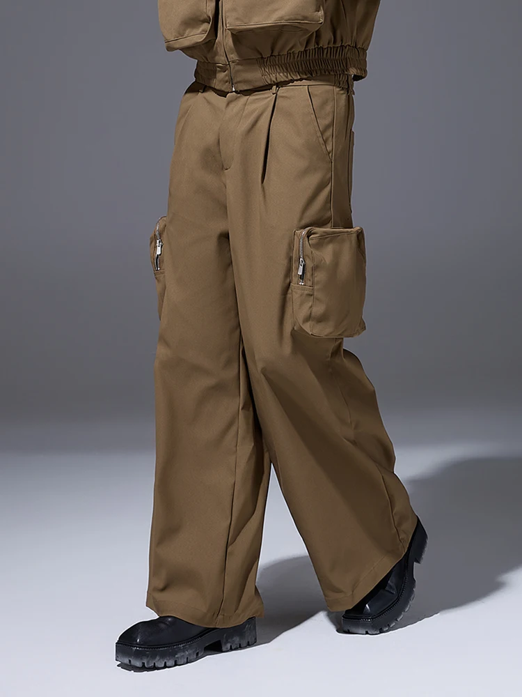 Fashion Men Women 2024 Spring Autumn Pants Zipper Big Pocket Handsome Solid Color Trousers High Street Loose Straight-Leg Pants