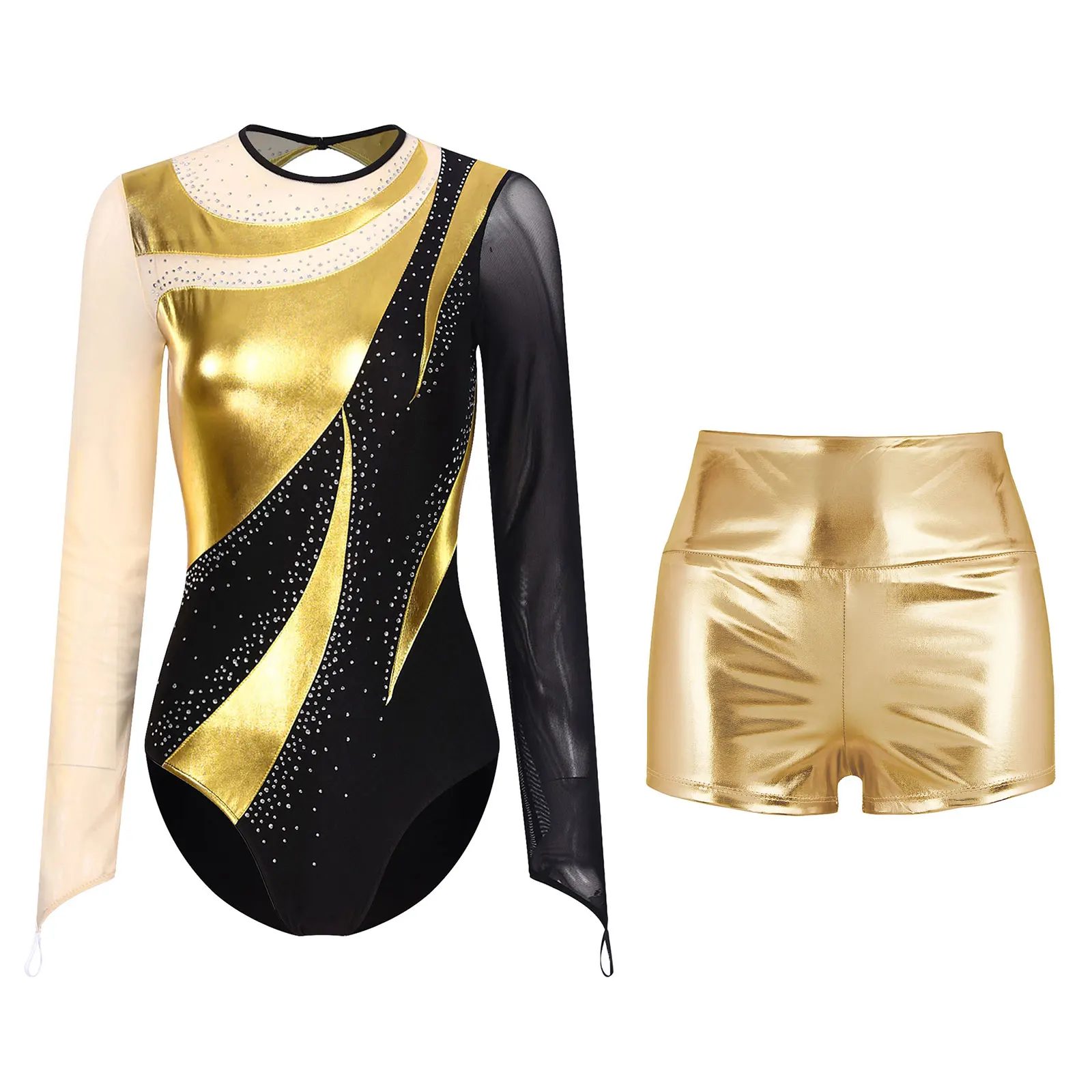 thumbnail image 1 of Body de gimnasia para mujer, con diamantes de imitación brillantes, patinaje, pantalones cortos metálicos, trajes de baile de Ballet, mono de leotardo de manga larga, 1 of 5