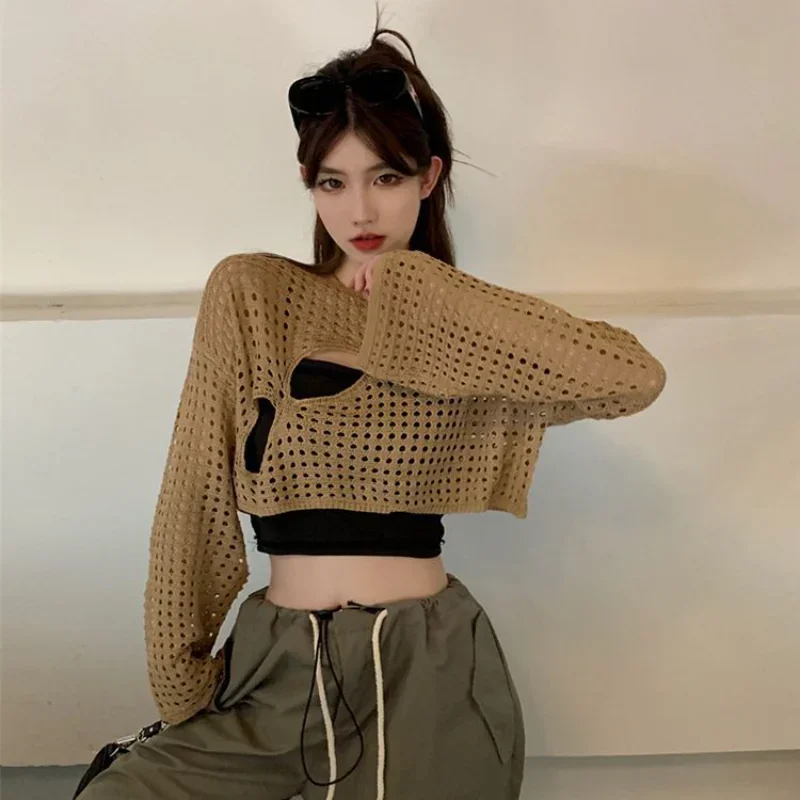 Y2K 할로우 아웃 크롭 탑 니트, 레트로 긴팔 티셔츠, 여성용 여름 자외선 차단 통기성 가디건, 패치 티
