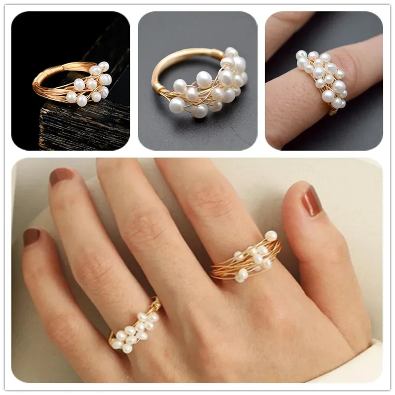 Handmade Natural Pearl Roundle Beads Wire Wrapped Lacework Multi Rows Rings Fashion Woman Jewelry