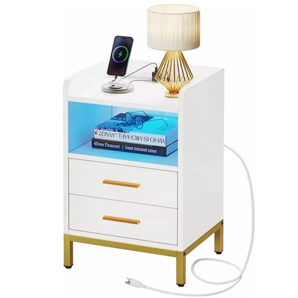 

Side Table with Charging Station, 3-Drawer LED Light Bedside End Table Nightstand for Bedroom Living Room Small Space, White