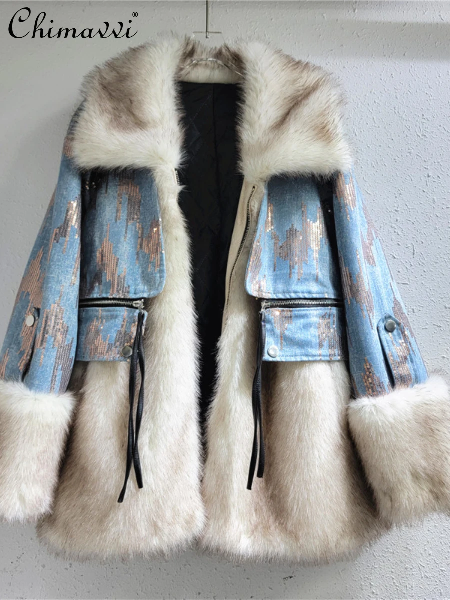 

European Goods Personality Luxury Lapel Fur Stitching Sequined Denim Coat Winter New Fashion Loose Slim Puffer Jackets Women