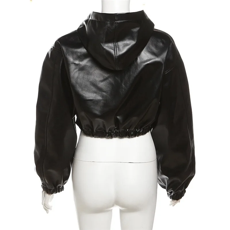 Spring Autumn Cropped Leather Jacket Women PU Leather Coat Lapel Zipper Hooded Black Streetwear Design Short Tops Long Sleeve