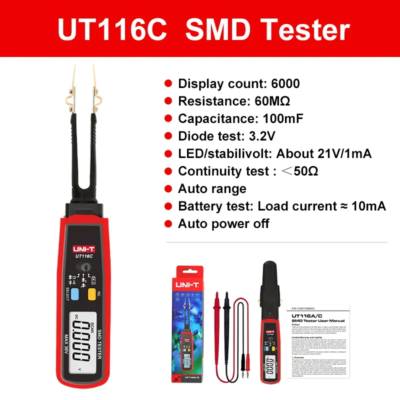 UNI-T UT116C SMD Tester – Handheld Digital Multimeter For Resistor/Capacitor