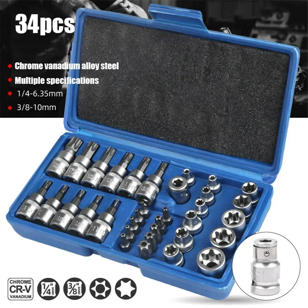 

Tools Female Impact Socket Ratchet Sockets Torx Adapter Socket 34/14pcs Box Bits Drive Set Torque Hand Star Wrench Socket