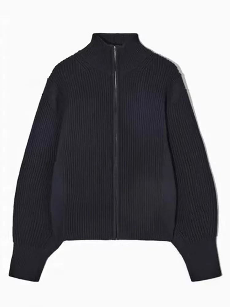 

Women 2023 Autumn New Fashionable All-match Knitted Long-sleeved Sweater Chic Collar Zipper Cardigan Casual Top Mujer