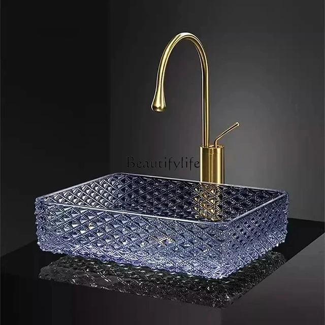 อ่างล้างหน้าแบบวางบนเคาน์เตอร์ ดีไซน์โปร่งใสลายนูน สำหรับห้องน้ำ อ่างแก้วดีไซน์สร้างสรรค์ สไตล์นอร์ดิก รูปทรงสี่เหลี่ยมผืนผ้า 5