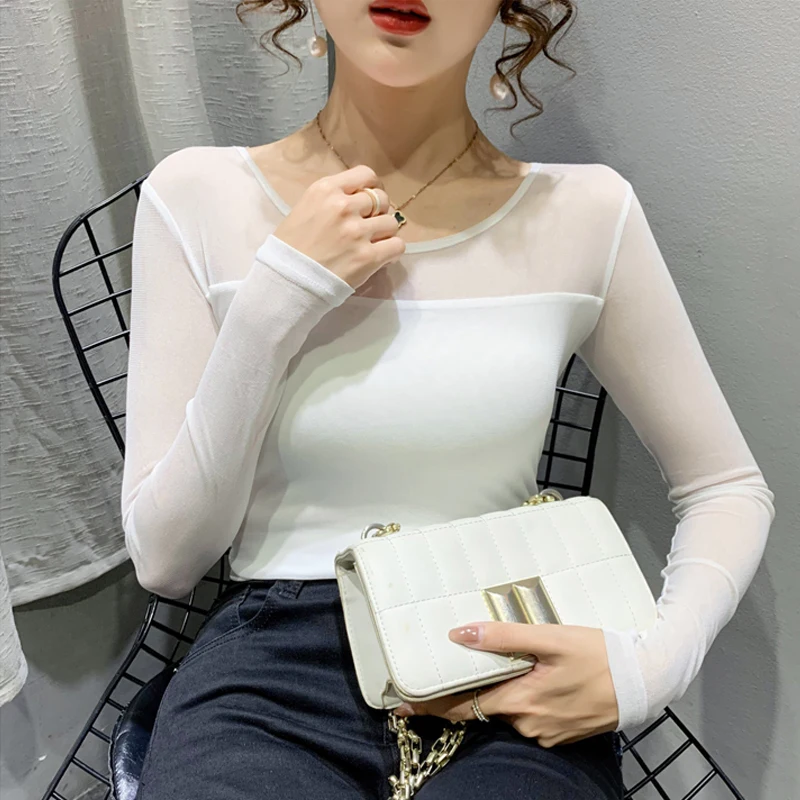 Autumn Winter Round Neck T shirt Women Sexy Mesh Bottoming Shirt Long Sleeve Solid Color Slim Fit Long Sleeve Casual Tops 4