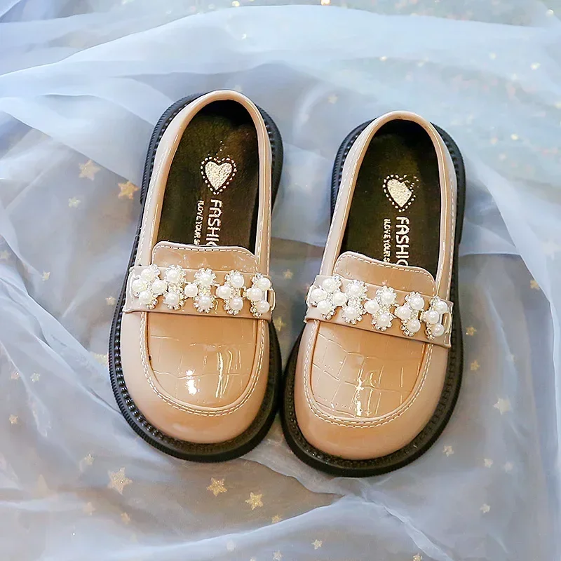 Kids PU Leather Shoes Spring Autumn Fashion Girls Pearls Casual Princess Flats Soft Loafers School Student Children Black Beige 4