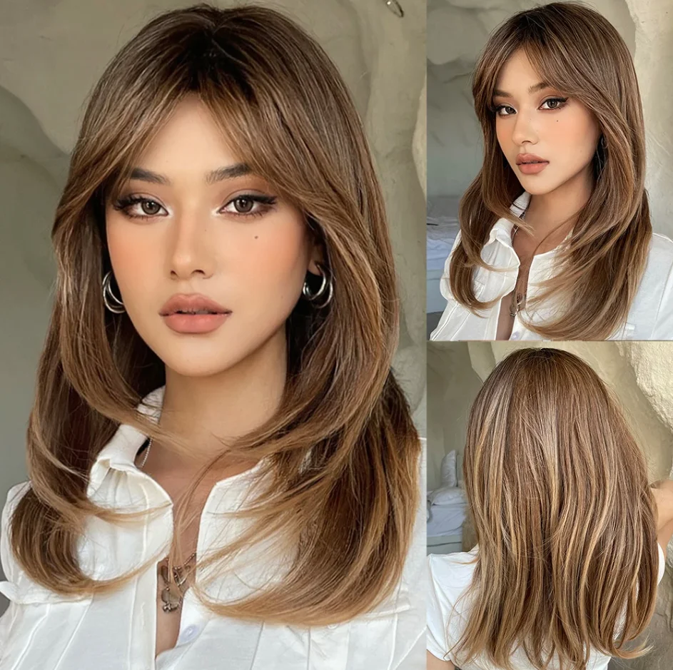 13&times;4 Darker Brown With Bangs Wig Dark Roots Lace Front Wig Layered Synthetic Free Middle Part High Quality Heat Resistant