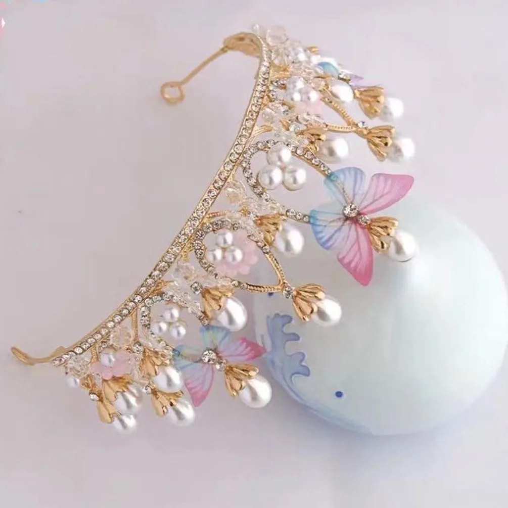 Headwear Rhinestone Tiara Handmade Butterfly Princess Crown Pearl Headband Tiaras for Girls hair accessories hair headband accessories