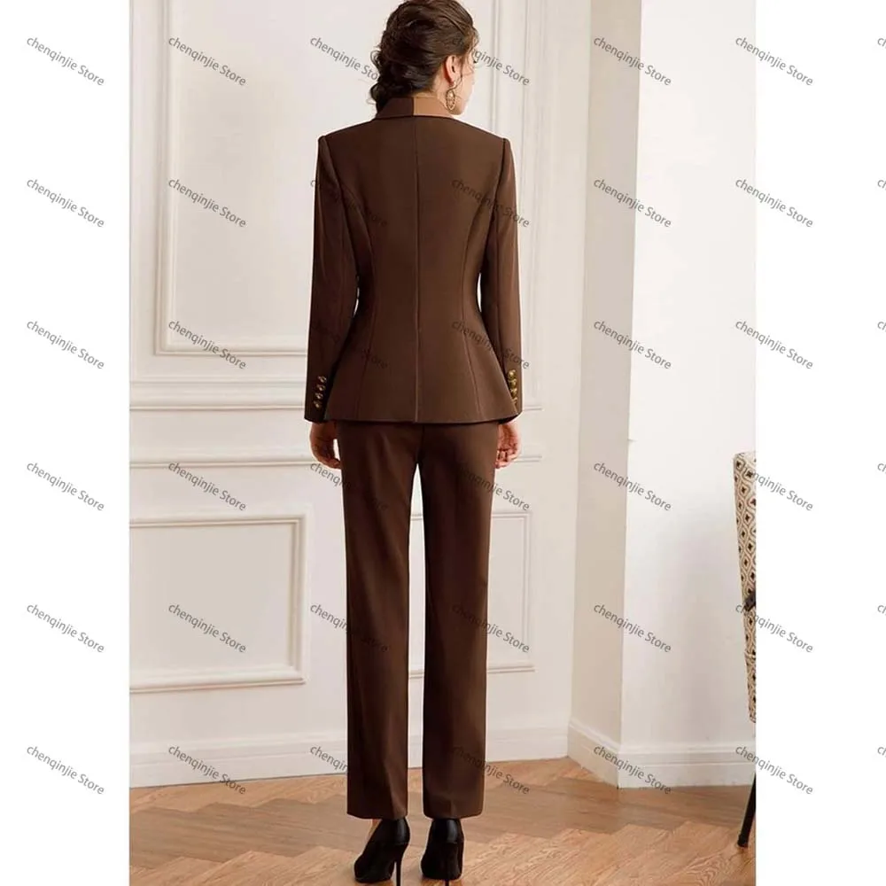 Formal Office Lady Slim Fit 2 Piece Suits Brown Khaki Double Breasted Peak Lapel Blazer Elegant Business Female Tailor Clothing 3