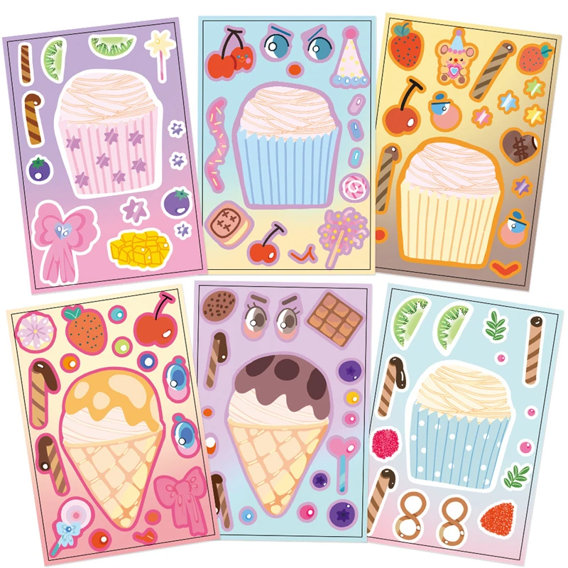 8/16/24 Blatt Eiscreme-Kuchen-DIY-Aufkleber „Make A Face“, Puzzle-Spielzeug, Kindergeburtstag, Gastgeschenke, Pinata-Füller, Geschenk für Gäste – Detail 3