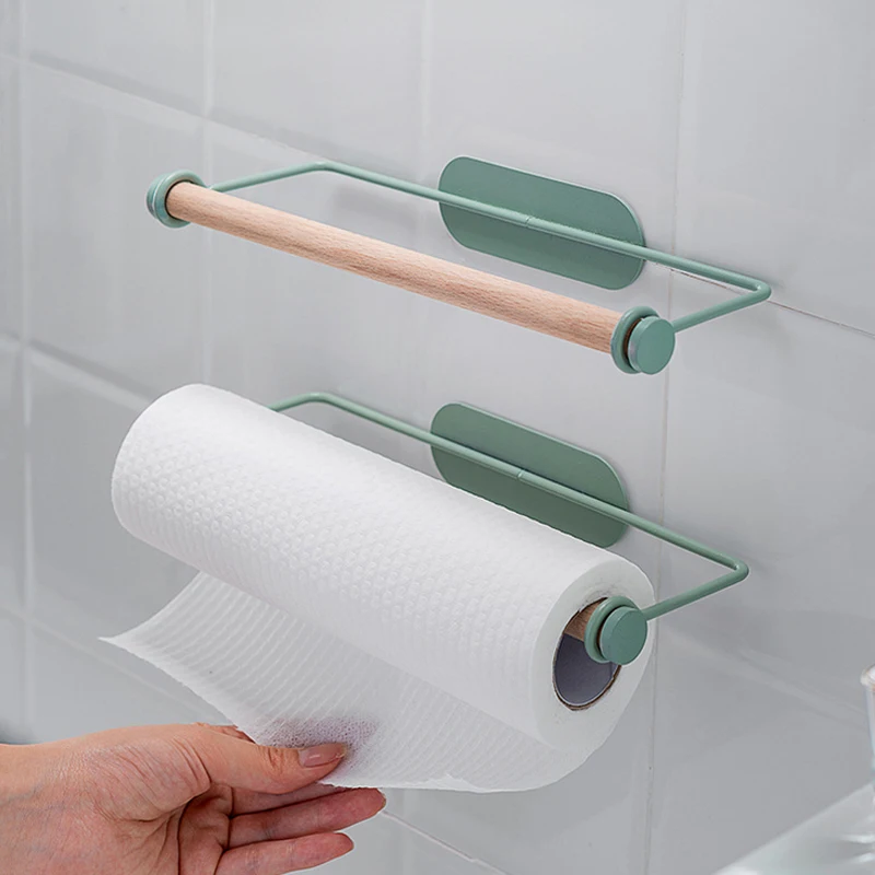 Bathroom Wood Towel Hanger Rack Bar Kitchen Cabinet Cling Film Rag Hanging Holder Organizer Toilet Roll Paper Holder Shelf