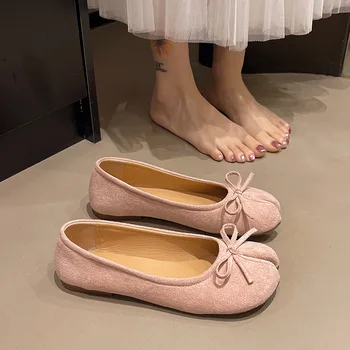 Fashion Suede Split Toe Women Bow Tabi Ballet Flats Spring Autumn Comfortable Walking Lazy Loafers Casual Girls Dance Shoes 1