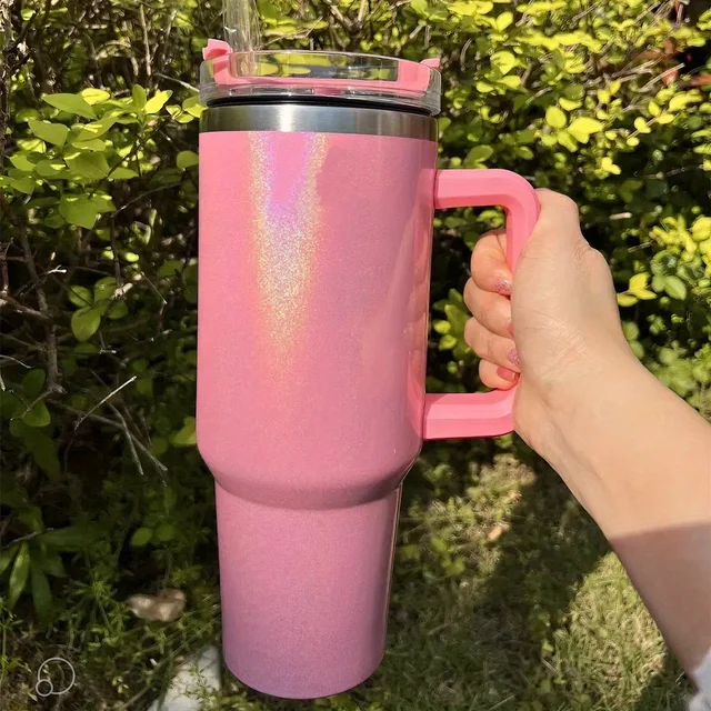 Tasse thermos en acier inoxydable de 40Oz, avec couvercle à poignée et paille isolée, peinture arc-en-ciel, tasse de voyage pour boissons chaudes et froides en plein air 2