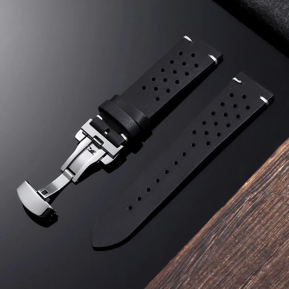 Vintage Butterfly Buckle Porous Cowhide Watch Strap - Breathable Soft Leather Business Band