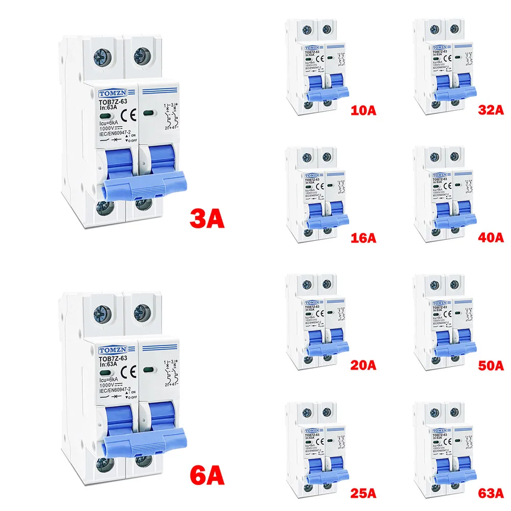 Solar MCB 2P DC 1000V Solar Mini Circuit Breaker 3A 6A 10A 16A 20A 25A 32A 40A 50A 63A DC For PV Photovoltaic Circuit Breakers