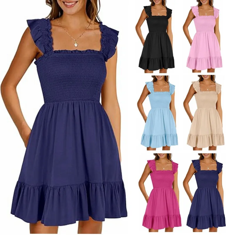 

Mini Dress Women A Line Boho Dresses Square Collar Sleeveless Ruffles Slim Fit Pleated Summer High Waist Backless Vestidos 2024