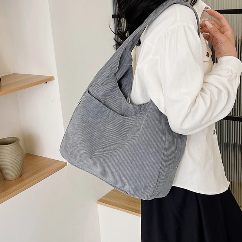 Canvas Shoulder Women's Tote Bag Corduroy Simple Casual Large Capacity Designer Handbags For Travel Solid Shopper Bag
