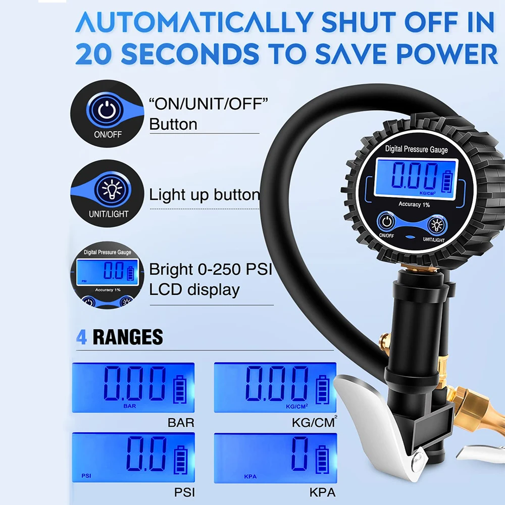 Digital Tire Pressure Gauge with Inflator 3-250 PSI Heavy Duty Air Compressor with Hose and Quick Connect Coupler Accessories 4