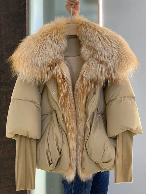 Tanie 2022 zima kobiety ciepły płaszcz ponadgabarytowych kołnierz z prawdziwego futra sklep