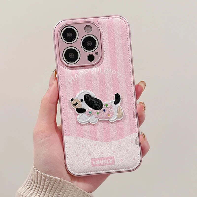 Pink Embroidered Dog Puppy Phone Case For iPhone 16 15 13 14 Pro Max Soft Leather Drum Bag Back Cover