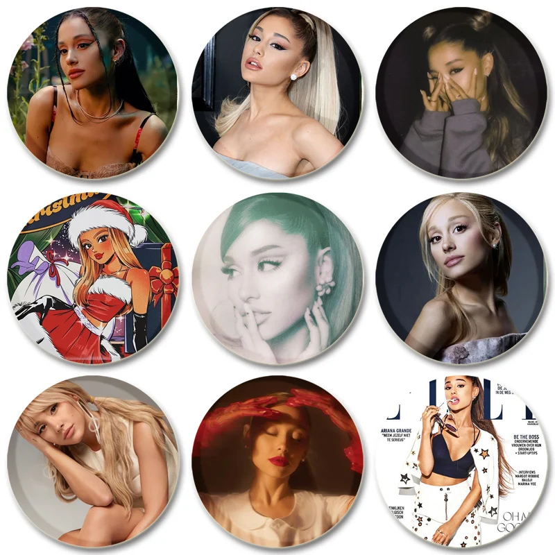 

Ariana Grande Pin for Backpacks Bag 32/44/58mm Round Plastic Enamel Pins and Brooches Creative Cartoon Figure Badge Gifts