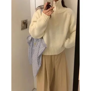 New Autumn and Winter Women's Clothing Long-sleeved Semi-turtleneck Zipper Sweater Solid Color Casual Women's Pullover Shirt