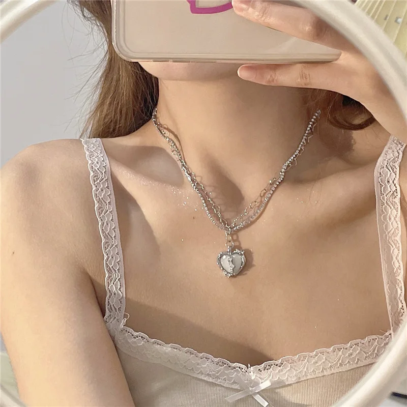 Korean Fashion Purple Crystal Heart Pendant Necklace For Women Black Crystal Egirl Cool Clavicle Chain Y2k Aesthetic Jewery Part