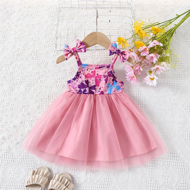 Baby Girls' Dress Summer Fresh Mesh Girls' Dress Bow Printed Girl Baby Sleeveless Strap 0-3 Years Old girls dress,baby girl dress
