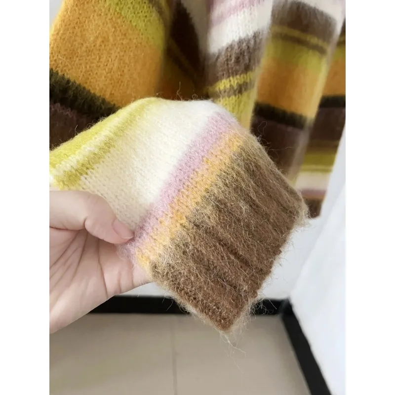 Chunky Crewneck Sweater  Women's Fall Winter Round O-Neck RMS Organic Mohair Blend Pullover Loose Casual Fashion Oversized womens Tops Y2k Goth Jumper petite size Sweaters for woman in multicolor yellow brown striped