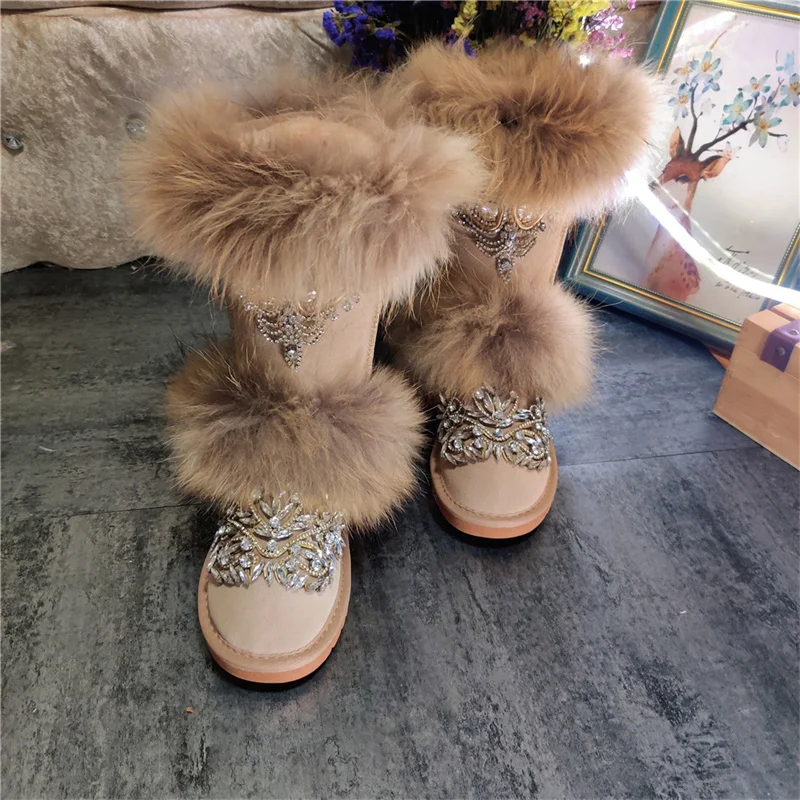 

Rhinestone chain Winter fleece warm boots Vintage brown handmade custom fur one-piece boots women's plus size 35-44