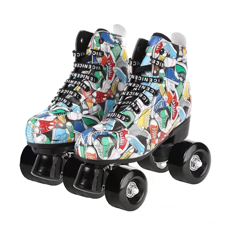 

2022 Graffiti Boys Girls Roller Sneaker Double Row Skates Women Men Fashion Skating Shoes with Black PU 4 Wheels Athletics