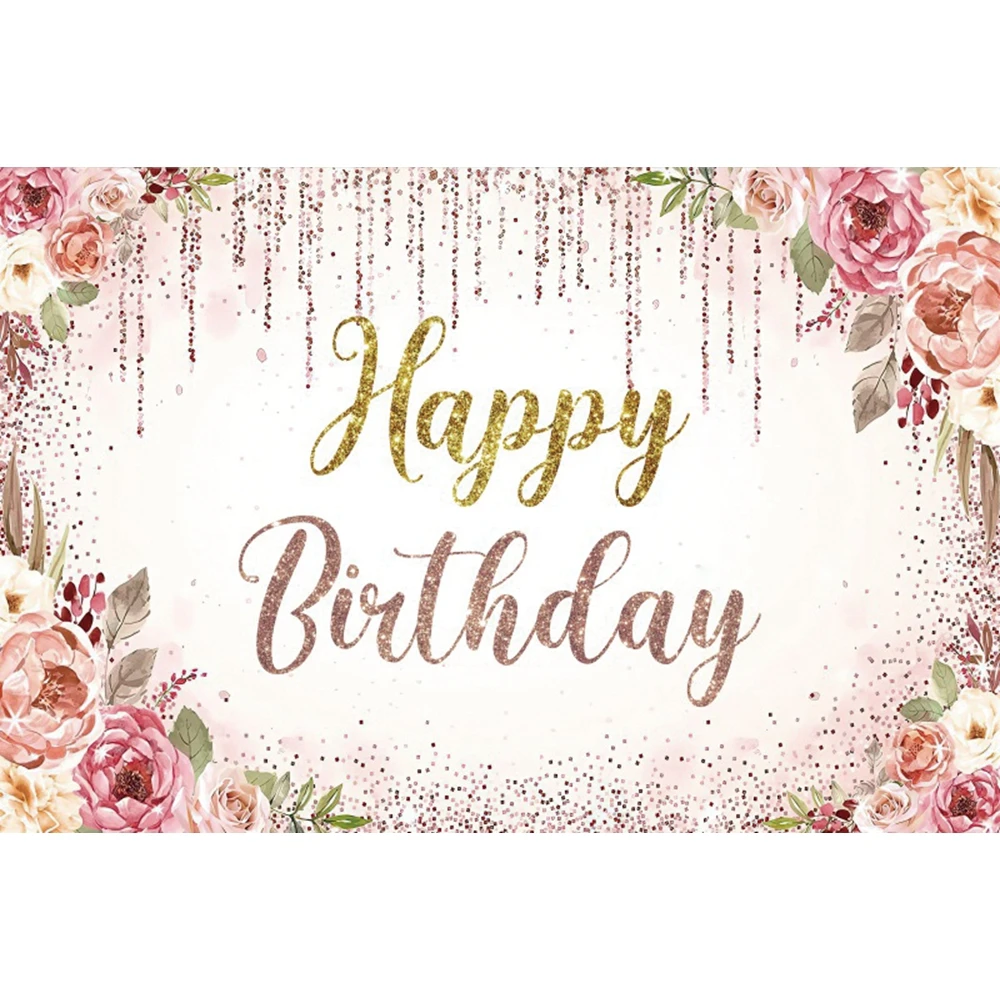 Happy Birthday Backdrop For Photography Marble White Gold Frame Flowers Baby Shower Customize Name Poster Photo Background