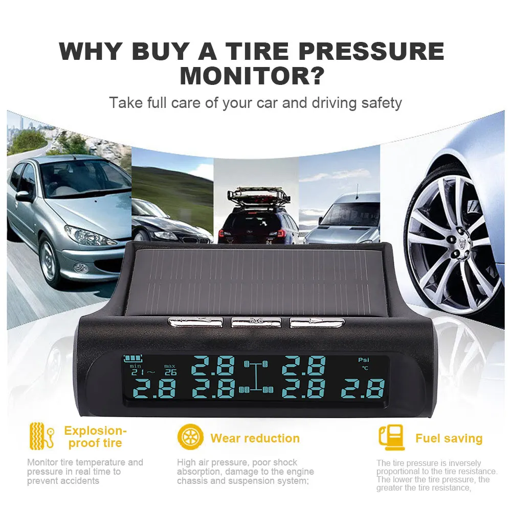 

Wireless Tyre Pressure Gauge 6 External Sensor Tire Pressure Monitor System USB Solar Inflation Pressure Detector High Precision