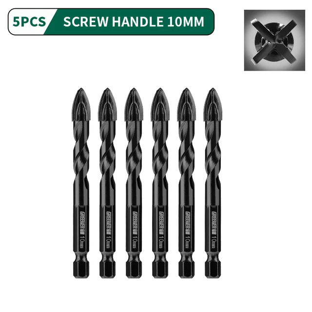GREENER 3-12mm Four-blade Concrete Impact Glass Drill Cross Hex Tile Drilling Bit Special For Hexagonal Shank Hard Alloy Tri 10mm 5pcs