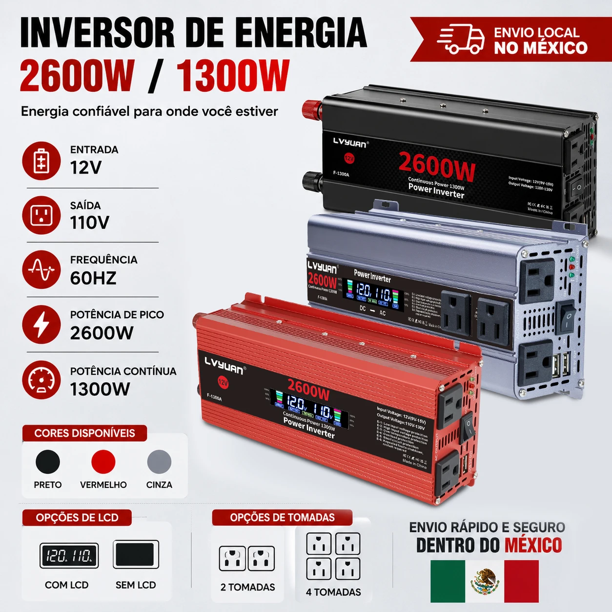 Inversor de Corriente para Auto, 12V a 110V, 2600W, Convertidor de Voltaje CC a CA, Transformador de Alimentación para Vehículo, Cargador para Auto