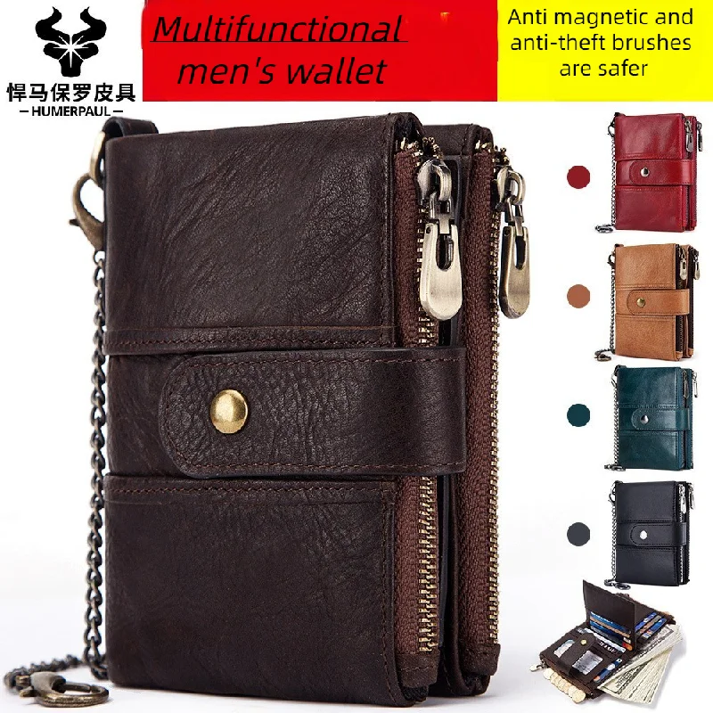 

HUMERPAULRFID Anti-Theft Brush Men's Wallet Genuine Leather Male Wallet Multifunctional Buckle Zipper Crazy Horse Cowhide Purse
