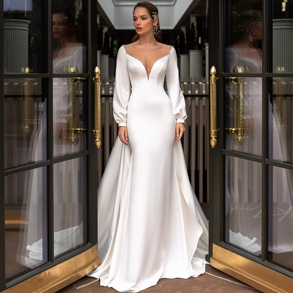 

Chic Pure White Sheath Detachable Train Wedding Dress for Brides Illusion V-Neck Long Sleeve Women Bridal Gowns with Beading