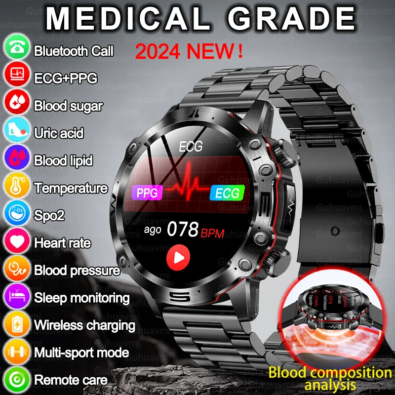 New Blood Fat Blood Glucose Smart Watch Per Uomo Ecg + Hr Fitness Watch Tracker Bluetooth Call Smartwatch Con Acido Urico Per Android Ios