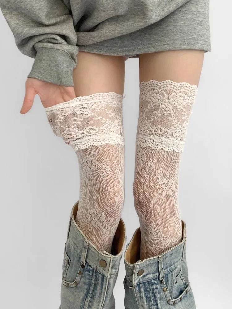 Women's Sexy Lace Trim Nylon Fishnet Stockings Retro Floral Sweet Mesh Breathable Thigh High Long Socks JK Over The Knee Socks