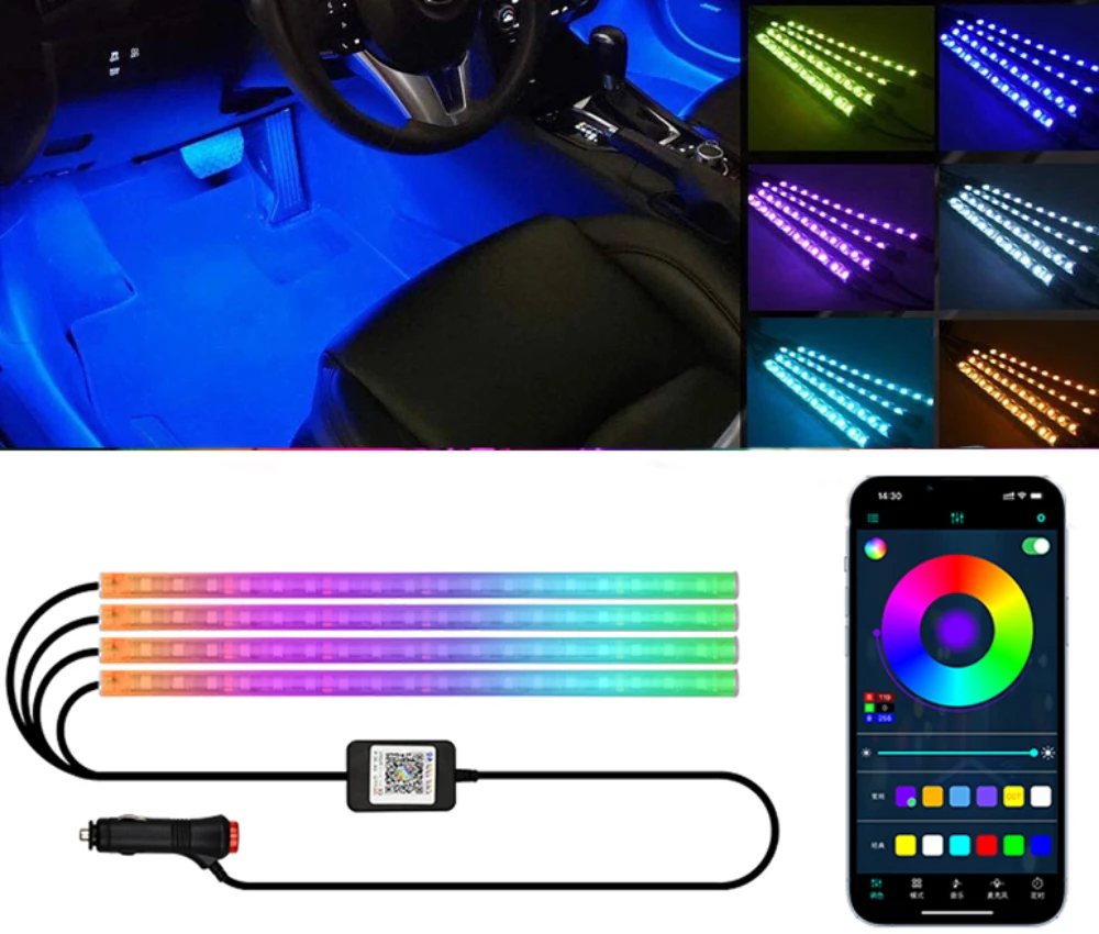 LED 자동차 인테리어 앰비언트 풋 라이트, 무선 원격 앱 음성 제어, RGB 자동 스마트 12V, 48 분위기 장식 램프