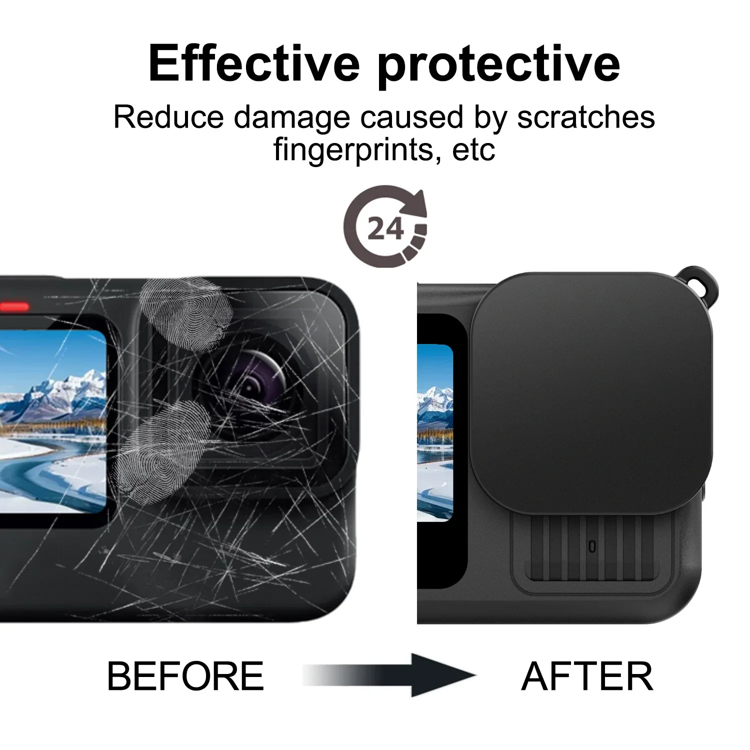Lot de 5 protège-objectif silicone pour GoPro, disposés en cercle sur une surface en bois.