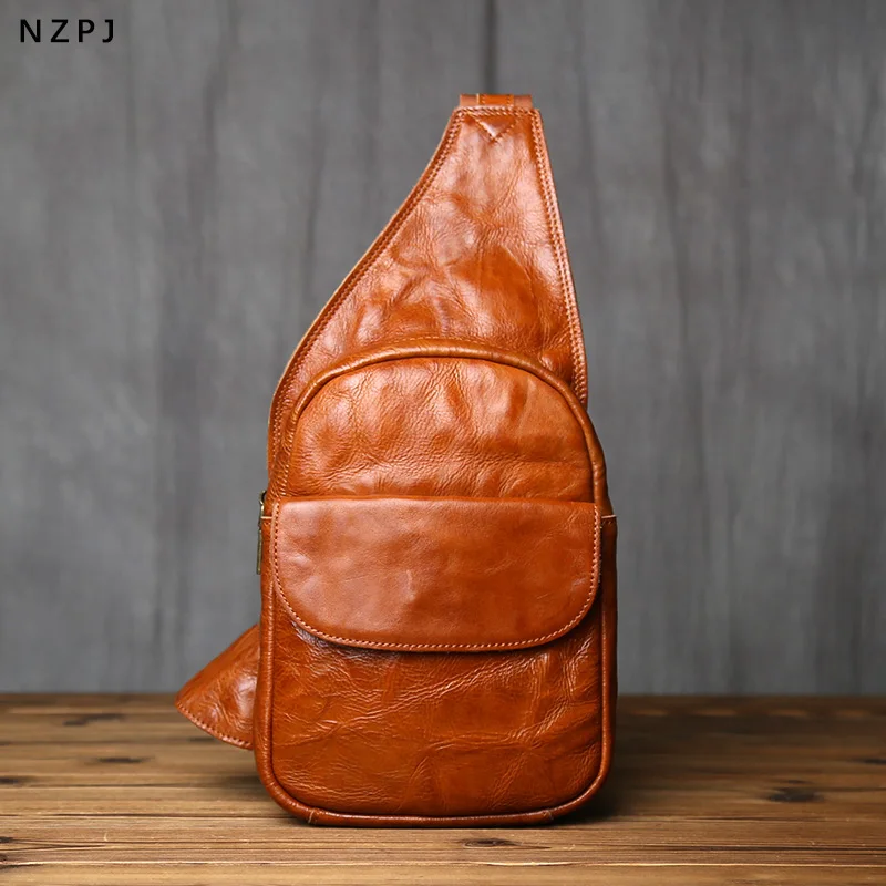 NZPJ Retro Genuine Leather Men's Chest Top Layer Cowhide Crossbody Bag Casual Shoulder Bag Suitable for 8-Inch IPad